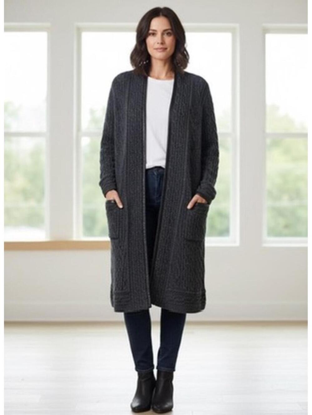 St. John Large Long Open Front Charcoal Gray Cardigan Sweater With Leather Trim